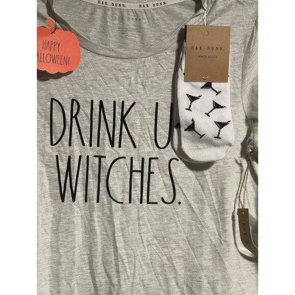 Rae Dunn Drink Up Witches Shirt Anklet Socks Set Size L Oatmeal Heather Gray - Picture 2 of 9